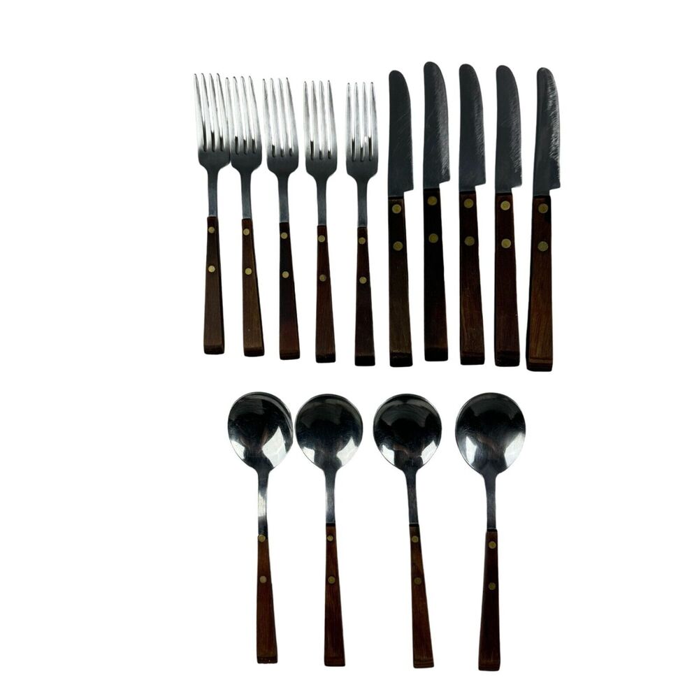 Royal Crown Brand Country Square Flatware Stainless Steel Wooden Lot of 14